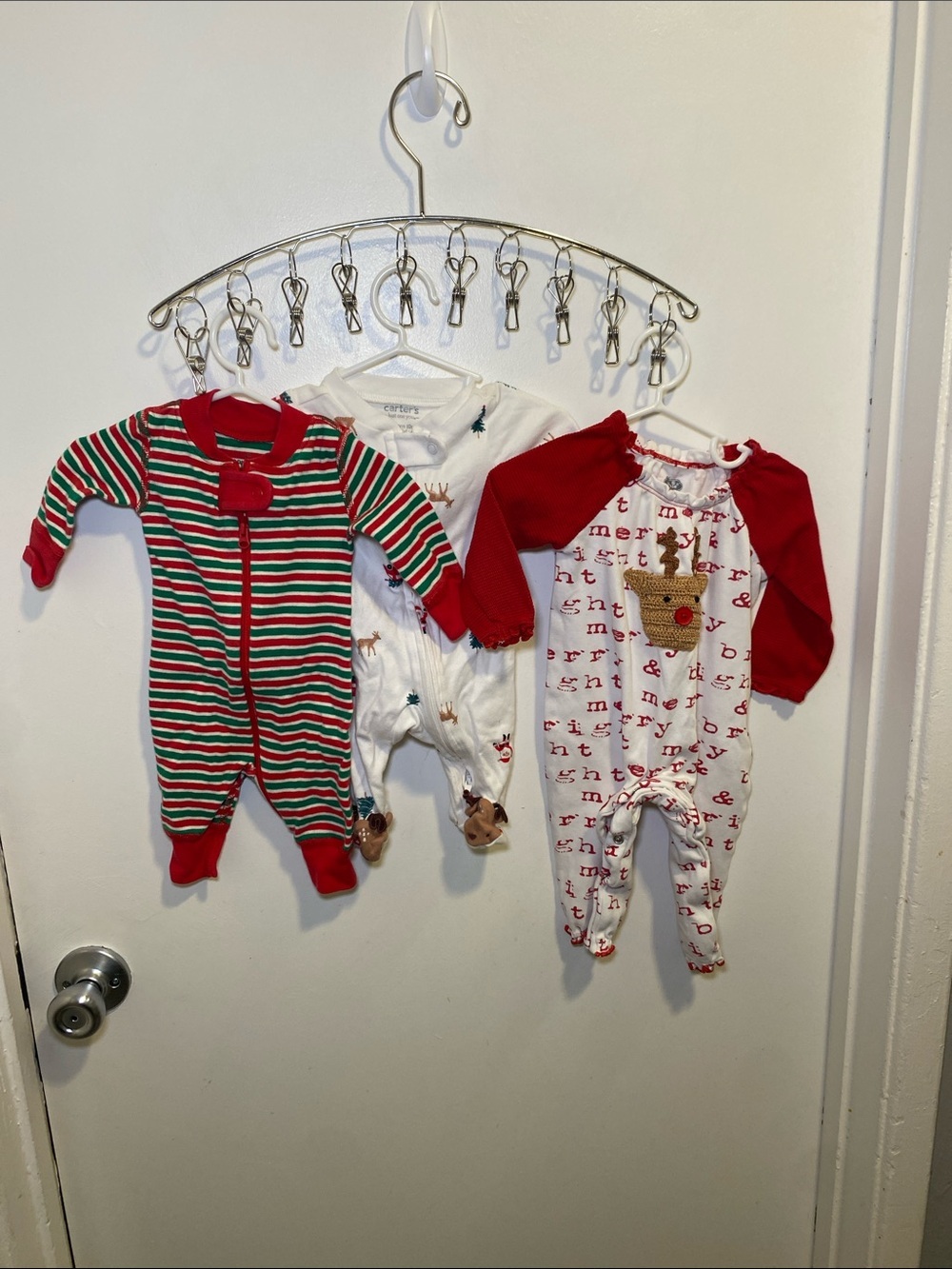 Holiday Stripe & Reindeer Baby One-Piece Sleepers - Red/Green/White